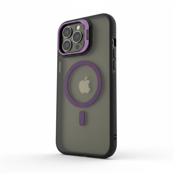 Husa Kickstand Lens, mata, pentru iPhone 16, Suport metalic integrat pentru obiectivul camerei, protectie rezistenta la socuri, Mov