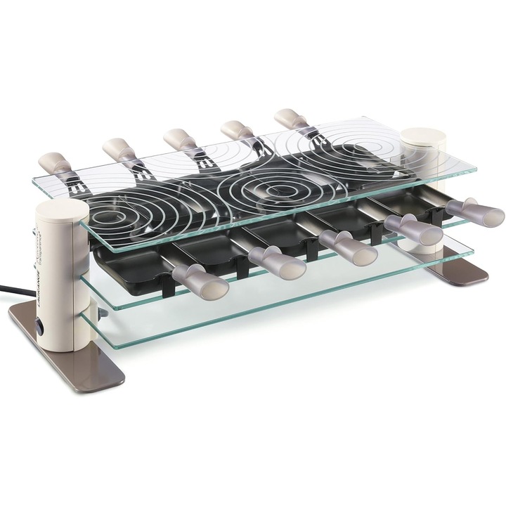 Grill Raclette LAGRANGE pentru 10 persoane, 1400 W, Farfurii de sticla, Suport integrat pentru tigai, Design elegant