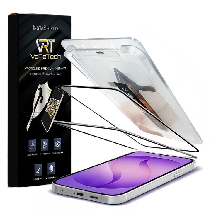 Folie de Protectie Clear, InstaShield by VeReTech pentru Samsung Galaxy S26, cu Kit de Aplicare Instanta si Functie Automata de Indepartare a Prafului, din Sticla Securizata 9H+, Claritate Super HD, Tratament Electronic Oleofobic si Anti Amprente