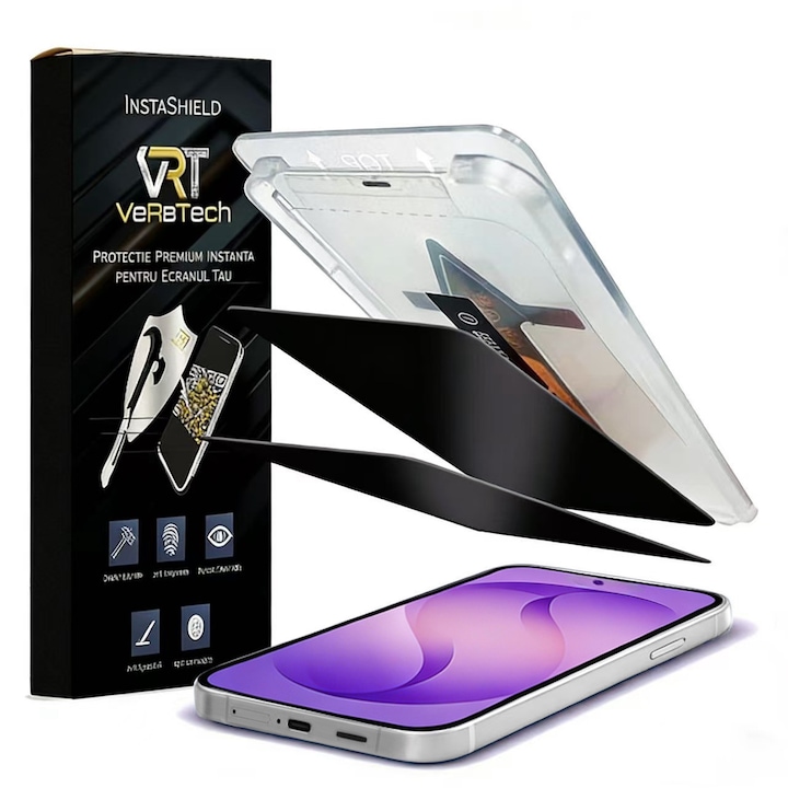 Folie de Protectie Privacy, InstaShield by VeReTech pentru Samsung Galaxy S26, cu Kit de Aplicare Instanta si Functie Automata de Indepartare a Prafului, din Sticla Securizata 9H+, Claritate Super HD, Tratament Electronic Oleofobic si Anti Amprente