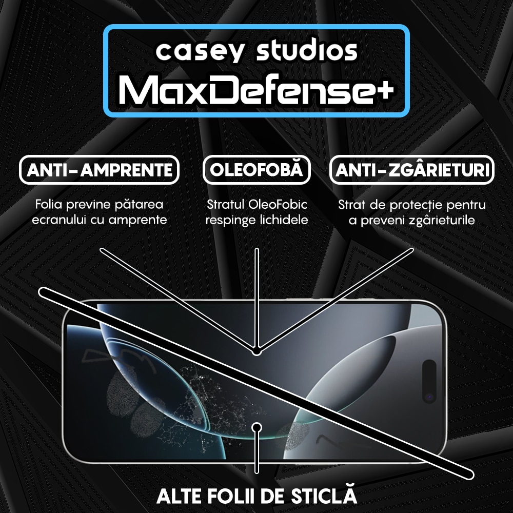 Folie Sticla CASEY STUDIOS™ compatibila cu iPhone 16 Pro Max, MaxDefense+, Anti Zgarieturi, Full Glue, Full Cover 3D, Margini Negre