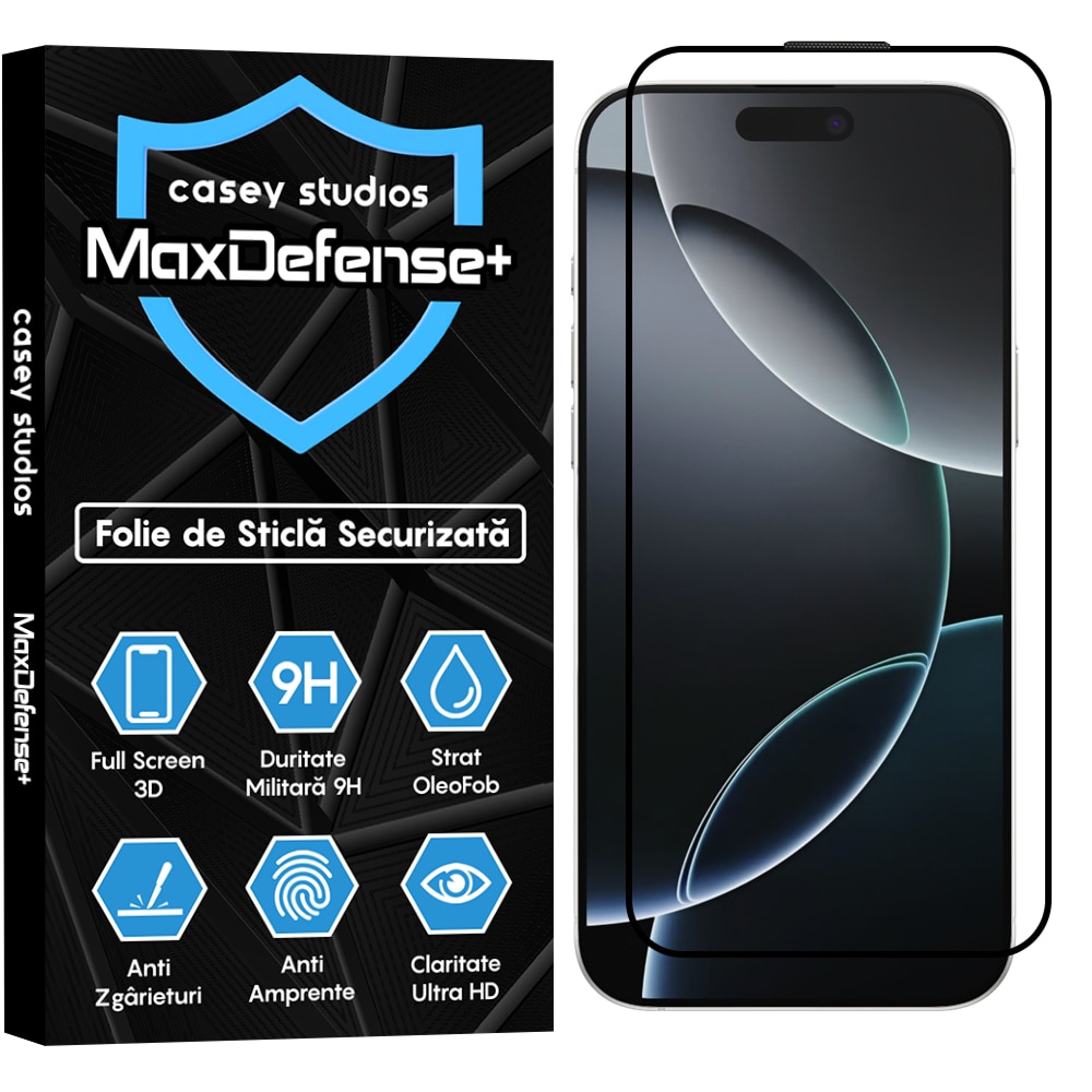 Folie Sticla CASEY STUDIOS™ compatibila cu iPhone 16 Pro Max, MaxDefense+, Anti Zgarieturi, Full Glue, Full Cover 3D, Margini Negre