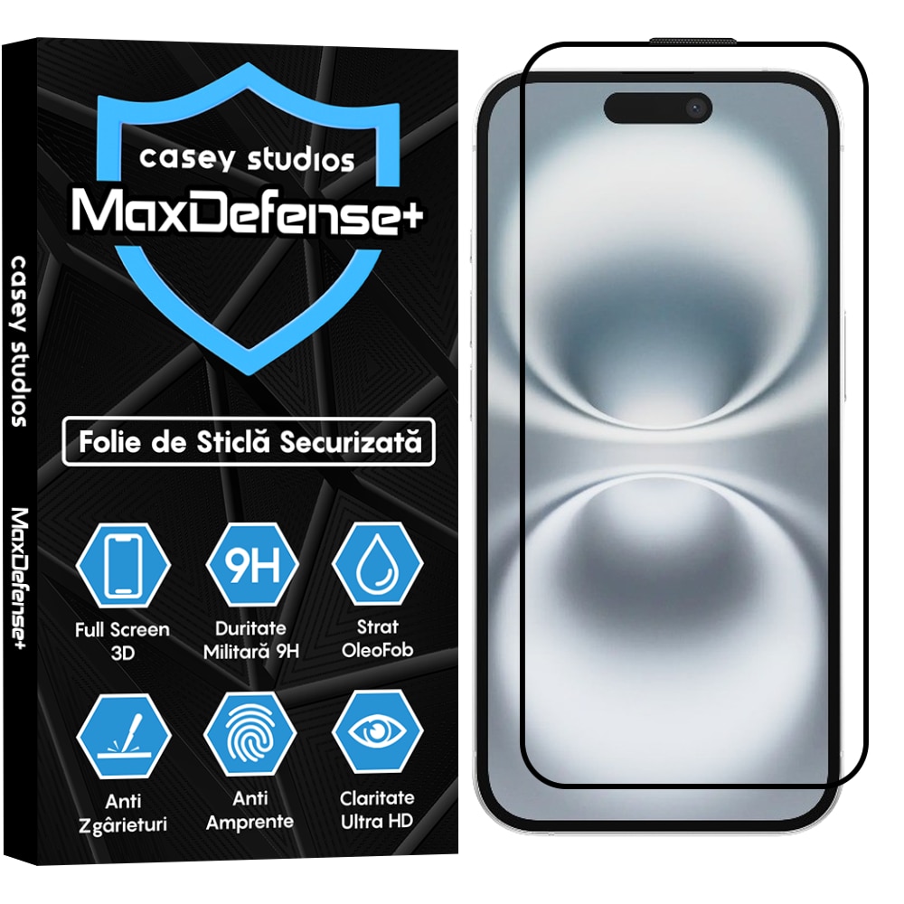 Folie Sticla CASEY STUDIOS™ compatibila cu iPhone 16, MaxDefense+, Anti Zgarieturi, Full Glue, Full Cover 3D, Margini Negre