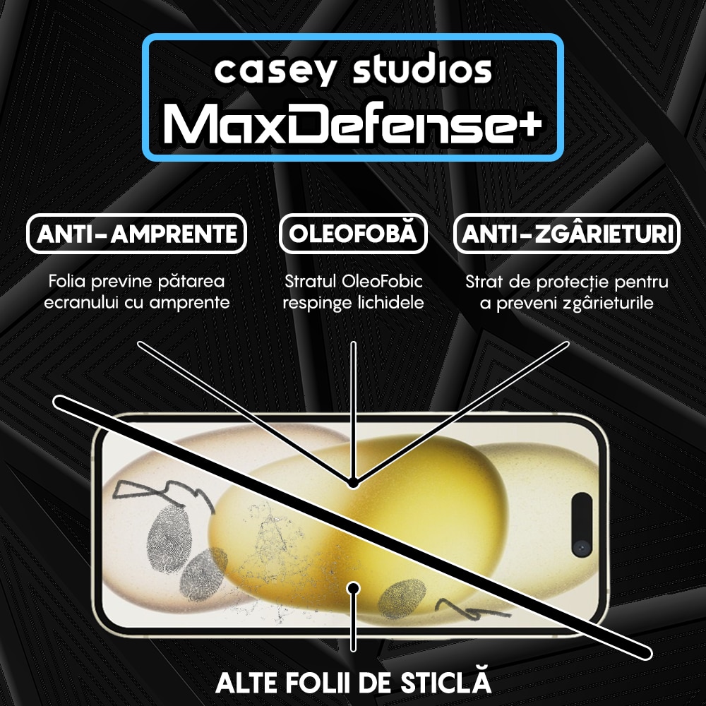 Folie Sticla CASEY STUDIOS™ compatibila cu iPhone 15, MaxDefense+ Classic, Full Cover 3D, Full Glue, Transparenta