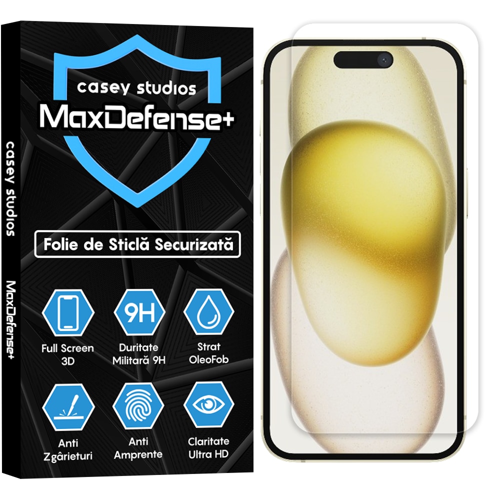 Folie Sticla CASEY STUDIOS™ compatibila cu iPhone 15, MaxDefense+ Classic, Full Cover 3D, Full Glue, Transparenta