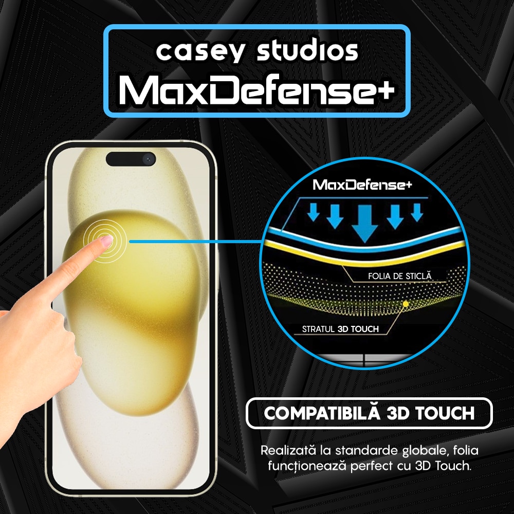 Folie Sticla CASEY STUDIOS™ compatibila cu iPhone 15, MaxDefense+ Classic, Full Cover 3D, Full Glue, Transparenta
