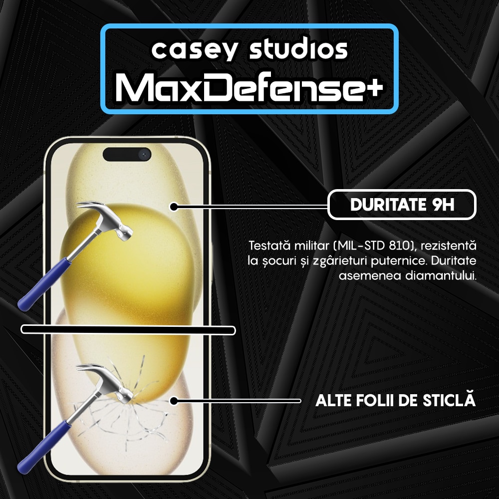 Folie Sticla CASEY STUDIOS™ compatibila cu iPhone 15, MaxDefense+ Classic, Full Cover 3D, Full Glue, Transparenta