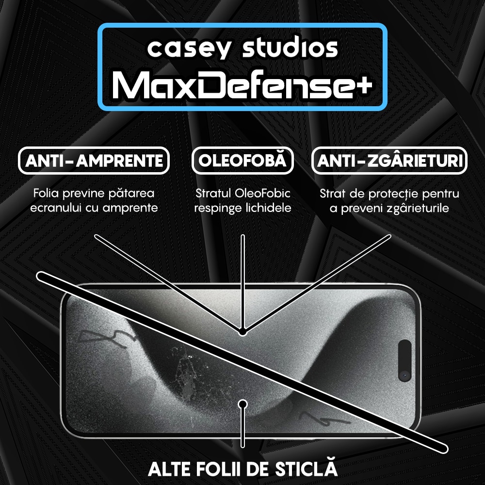 Folie Sticla CASEY STUDIOS™ compatibila cu iPhone 15 Pro Max, Full Cover 3D, Full Glue, Duritate Militara, Ultra HD, Protectie Profesionala Ecran 3D, Anti Zgarieturi, Anti Socuri, Margini Negre