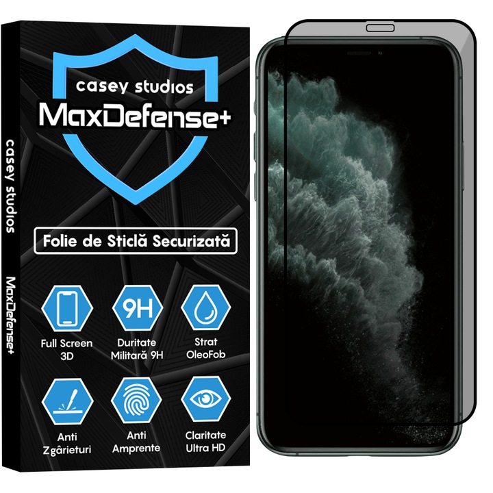 Folie Sticla Privacy CASEY STUDIOS™ compatibila cu iPhone 11 Pro, MaxDefense+, Anti Zgarieturi, Full Glue, Privacy