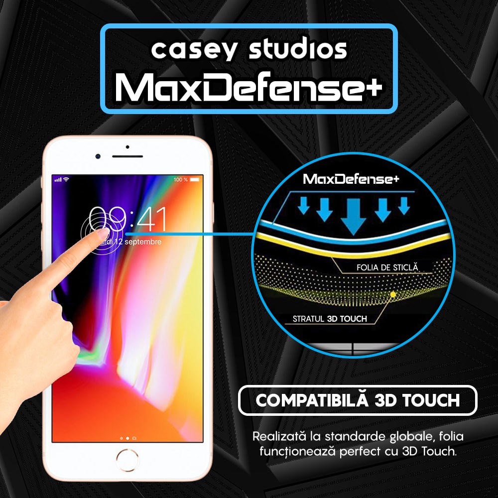 Folie Sticla Privacy CASEY STUDIOS™ compatibila cu iPhone 7 / 8, MaxDefense+ Privacy, Full Cover 3D, Full Glue, Sticla Securizata, Duritate Militara, Ultra HD, Protectie Profesionala Ecran 3D, Anti Zgarieturi, Anti Socuri, Negru