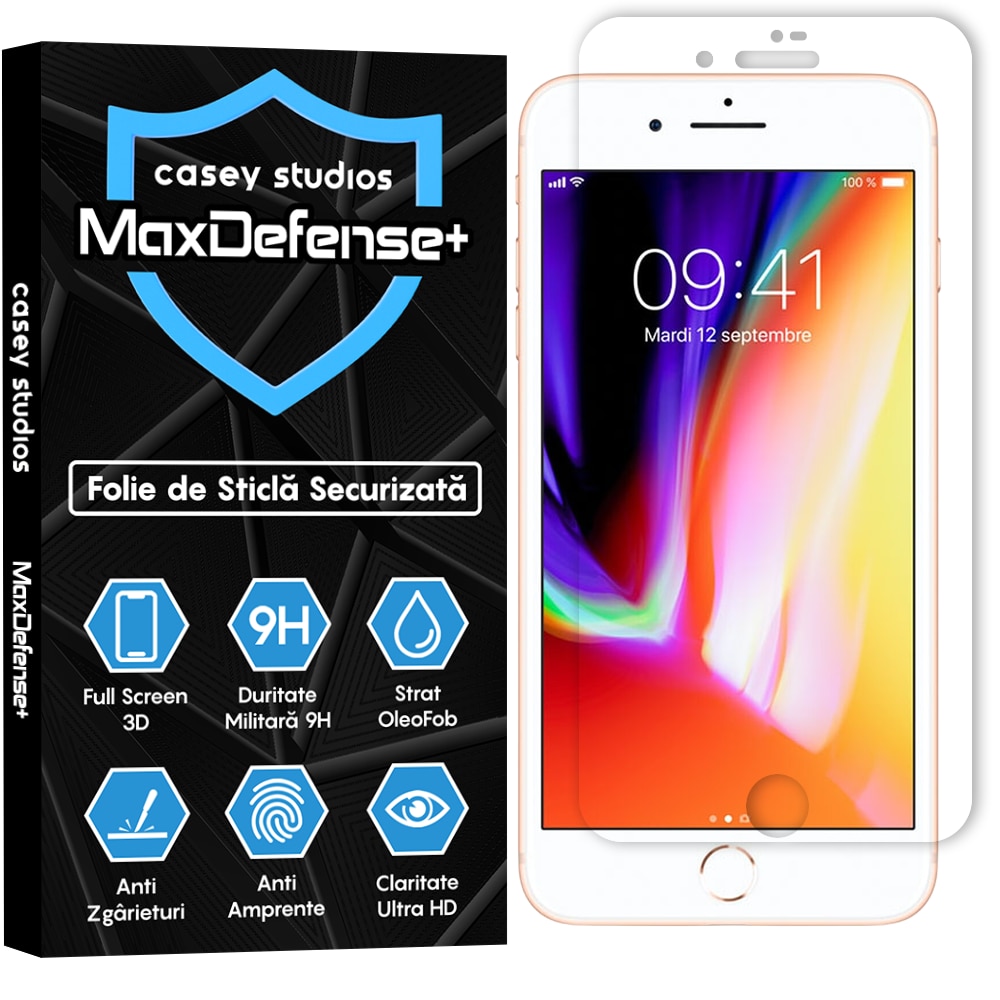 Folie Sticla CASEY STUDIOS™ compatibila cu iPhone 7 Plus / 8 Plus, MaxDefense+ Classic, Full Cover 3D, Full Glue, Transparenta