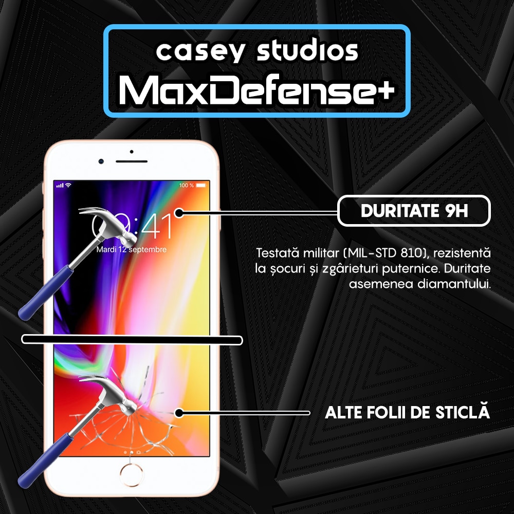 Folie Sticla Mata CASEY STUDIOS™ compatibila cu iPhone 7 Plus / 8 Plus, MaxDefense+ Matte, Full Cover 3D, Full Glue, Sticla Securizata, Duritate Militara, Ultra HD, Protectie Profesionala Ecran 3D, Anti Zgarieturi, Anti Socuri, Negru