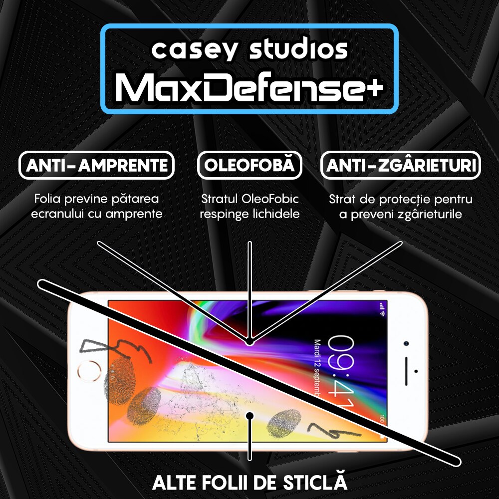 Folie Sticla Mata CASEY STUDIOS™ compatibila cu iPhone 7 Plus / 8 Plus, MaxDefense+ Matte, Full Cover 3D, Full Glue, Sticla Securizata, Duritate Militara, Ultra HD, Protectie Profesionala Ecran 3D, Anti Zgarieturi, Anti Socuri, Negru