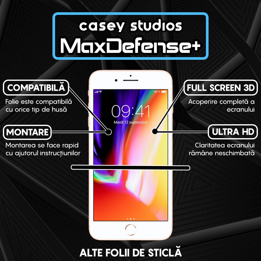 Folie Sticla CASEY STUDIOS™ compatibila cu iPhone 7 / 8, Full Cover 3D, Full Glue, Sticla Securizata, Duritate Militara, Ultra HD, Protectie Profesionala Ecran 3D, Anti Zgarieturi, Anti Socuri, Margini Negre