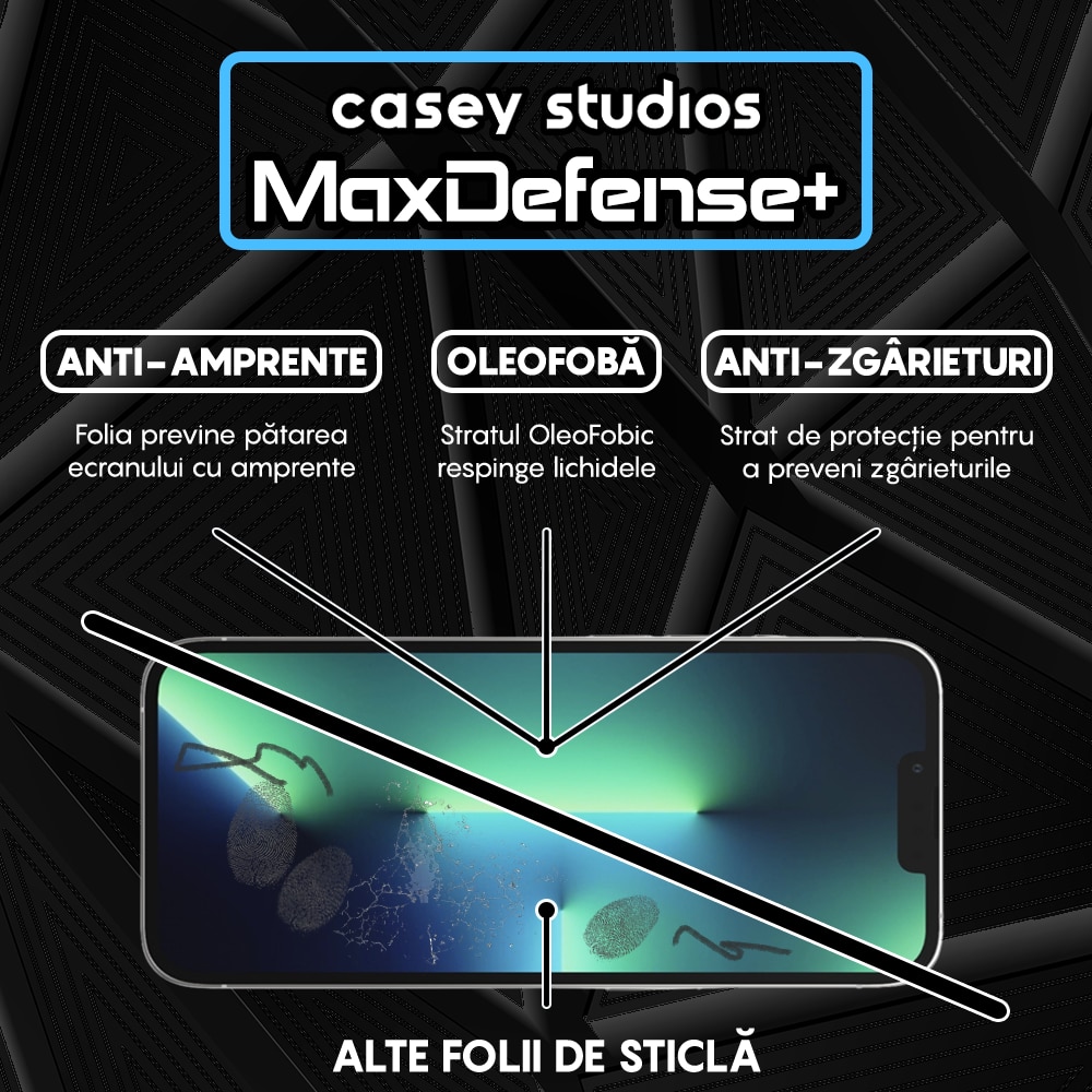 Folie Sticla CASEY STUDIOS™ compatibila cu iPhone 13 / 13 Pro, Full Cover 3D, Full Glue, Sticla Securizata, Duritate Militara, Ultra HD, Protectie Profesionala Ecran 3D, Anti Zgarieturi, Anti Socuri, Margini Negre