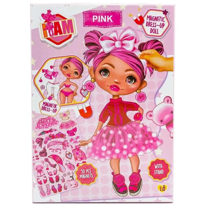 Set creativ cu accesorii magnetice, I Am Pink, Imbraca papusa, 50 piese, Pentru copii, Roz