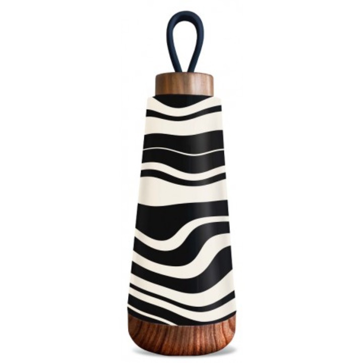 Termos Chic mic Bioloco Loop Mini, inox, negru, 350 ml, design elegant, capac din lemn