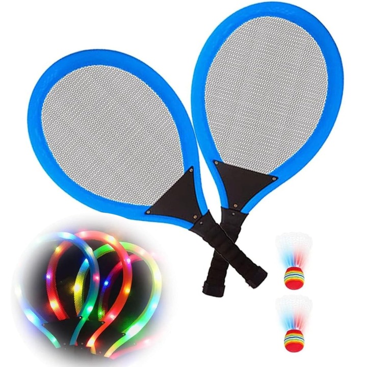 Set 2 palete badminton, cu LED, fluturas inclus, plastic, multicolor, 55 cm