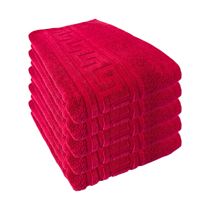 Set 5 Prosoape Greek, 70x130 cm, 500 GSM, 100% Bumbac Pakistanez, Rosu, Model Greek Bordor