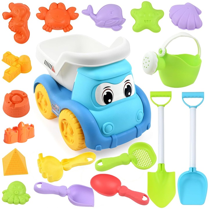 Set Jucarii de Plaja si Nisip, Minetgnon®, Camion Colorat, Cu Accesorii: Stropitoare/Lopata/Grebla, + 3 Ani, Fara BPA, Plastic, 18 buc, Multicolor