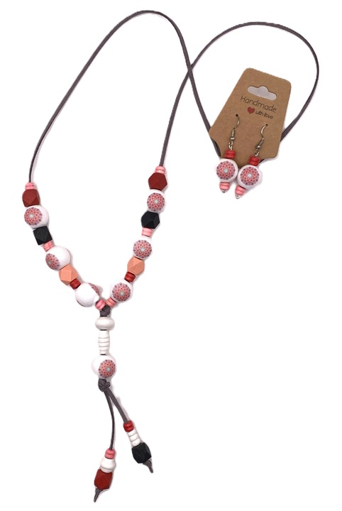 Set colier si cercei, realizat manual, multicolor, 45cm, lemn