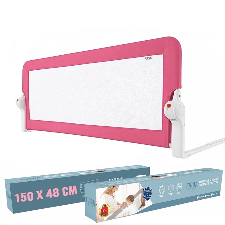 Protectie pat copii FiGGA®, 150 x 48.5 cm, bariera laterala margine pat, rabatabila, Roz