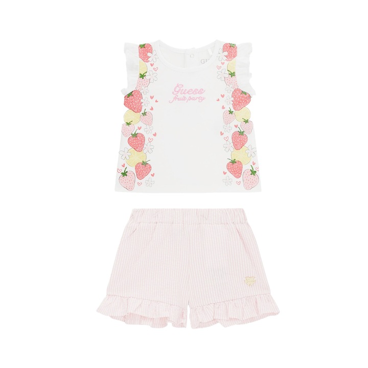 Set tricou+pantaloni scurti, GUESS, bumbac, alb, roz, Alb/Roz, 80 CM
