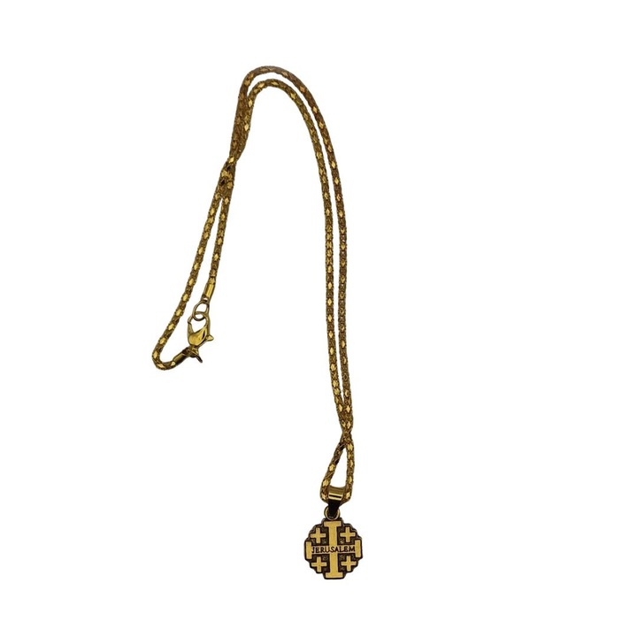 Colier lant auriu 40 cm cu pandantiv cruce Ierusalim metalica, colier religios crestin unisex