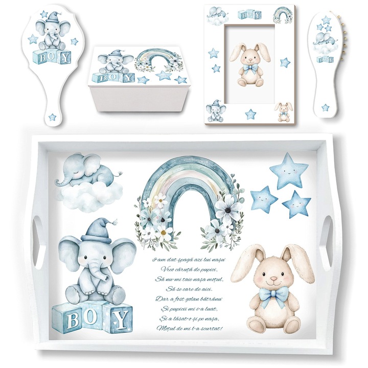 Set pentru taierea motului Blue Boho Boy, cu tavita mot si accesorii pentru baieti, model cu Elefantel, Iepuras si Curcubeu