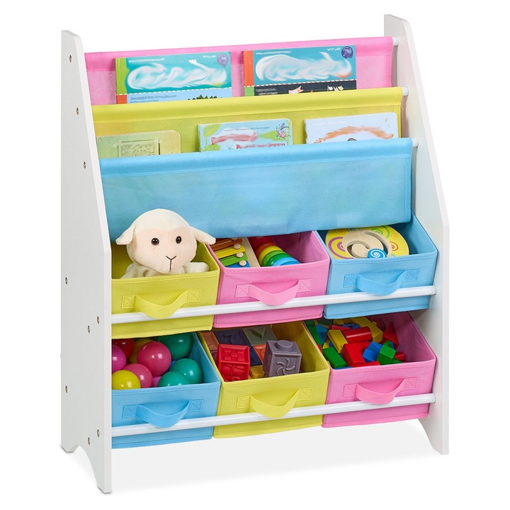 Raft de carti Relaxdays, 3 compartimente, 6 cutii depozitare jucarii, 74 x 62.5 x 31 cm, MDF, Multicolor