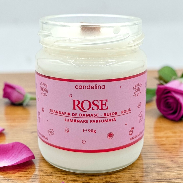 Lumanare parfumata din soia cu fitil lemn, Candelina, ROSE – Trandafir de Damasc, Bujor, Roua, handmade, ceara naturala, ardere 25h, 90 g