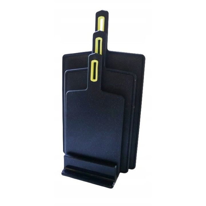 Set tocatoare / placi de taiat Practic Vegana, cu garnituri antiderapante, cu suport inclus, gri, 4 piese