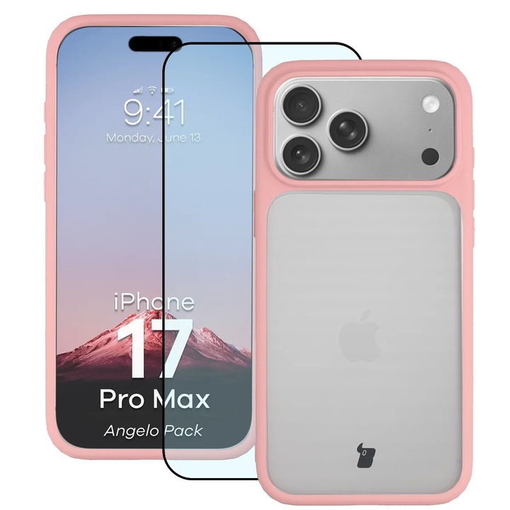 Калъф + Стъклен протектор Bizon Angelo Pack за iPhone 17 Pro Max, Опушен с розова рамка