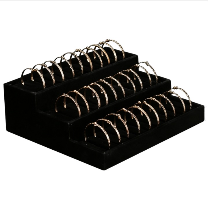 Cutie pentru bijuterii, MDF + captuseala din catifea, suport trapezoidal pentru bratari, ambalaj din punga OPP, negru