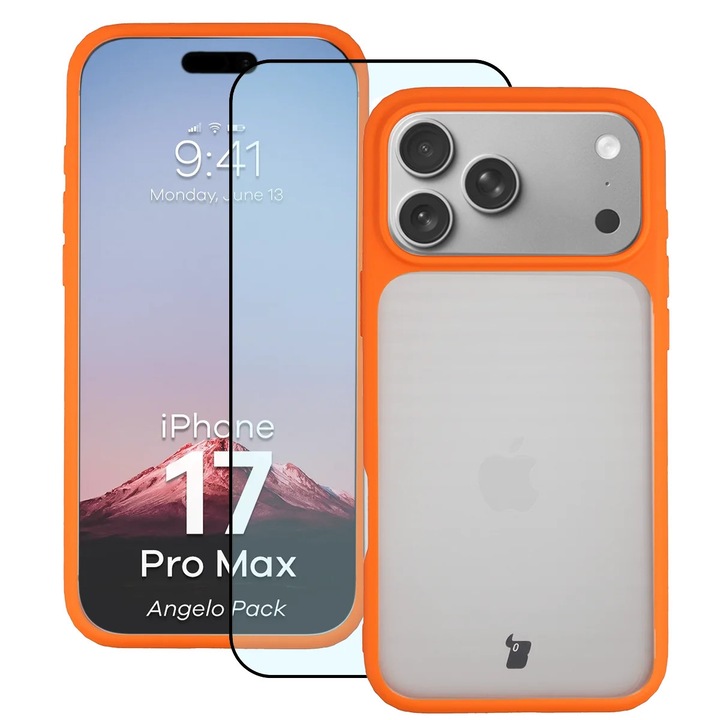 Калъф + Стъклен протектор Bizon Angelo Pack за iPhone 17 Pro Max, Оцветена с тъмносиня рамка