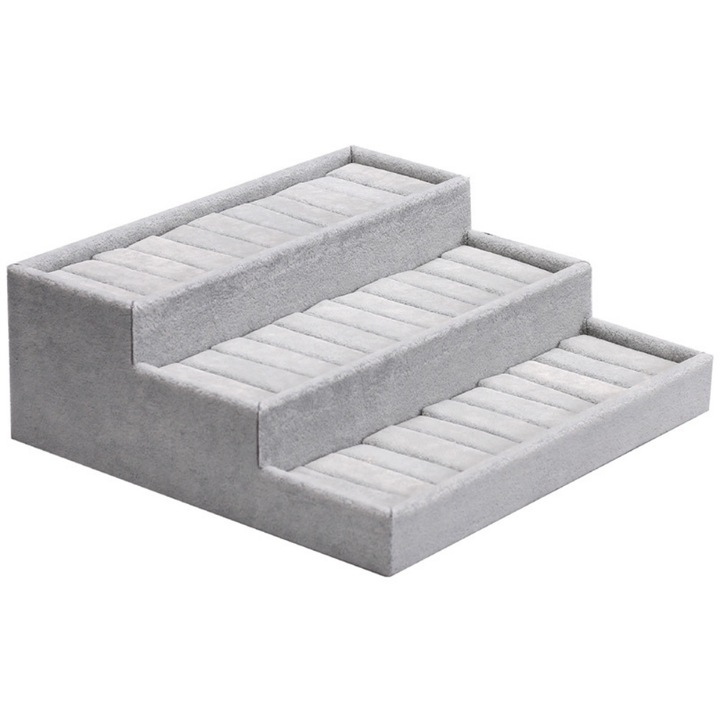 Cutie pentru bijuterii, MDF cu captuseala din catifea, suport trapezoidal pentru bratari, ambalaj din punga OPP, gri