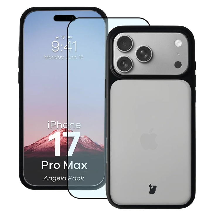 Калъф + Стъклен протектор Bizon Angelo Pack за iPhone 17 Pro Max, Оцветена с черна рамка