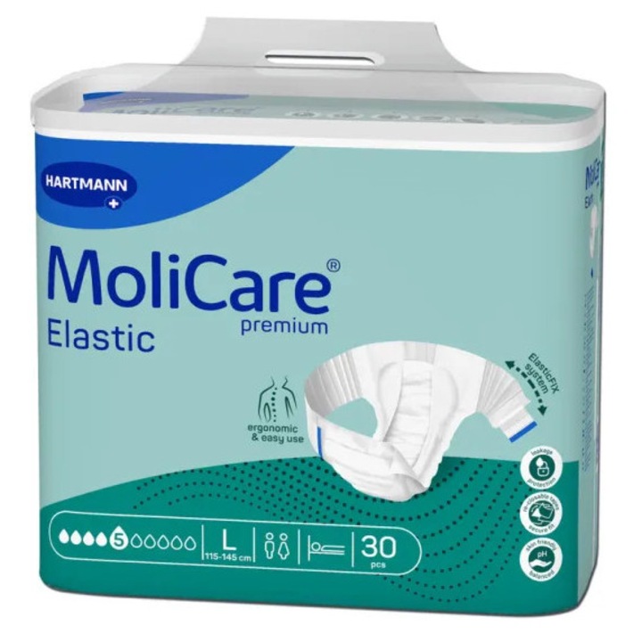 Scutece Hartmann MoliCare Premium Elastic, 5 picături, 30 bucăți, marimea L, laterale elastice, utilizare zi
