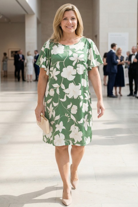 Многоцветна рокля с цветя, MDR24, кръгло деколте, Многоцветен