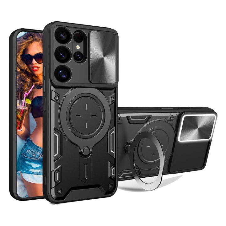 Husa SurveilPro Spate 360° Ring Design Lens Cover pentru Samsung Galaxy S26 Ultra, OPTIM SOLUTION, Protectie Avansata, Functie Magnetica, Bumper Antishock, Suportul Inel Rotativ din Inox, Negru