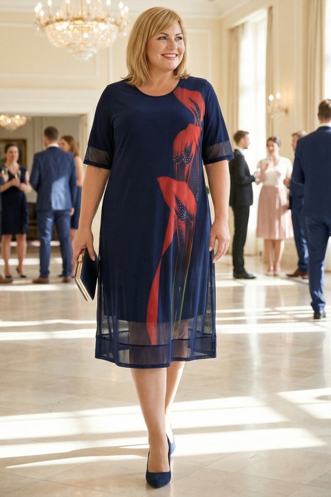 Rochie bleumarin din plasa cu flori rosii