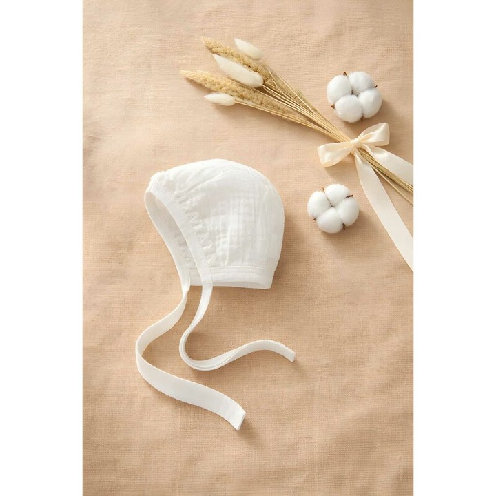 Caciulita bebe, muselina bumbac, Lidi cu dantela, alb 40 cm