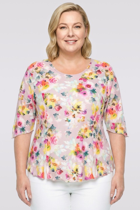 Bluza MDR24 roz deschis cu flori colorate, maneci 3/4, marime 52-54