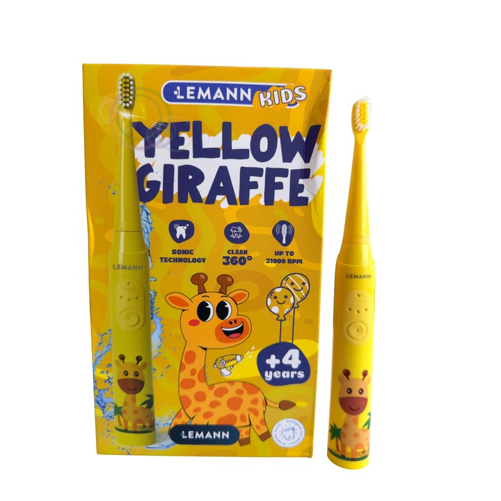 Periuță de dinți electrică, Lemann Yellow Giraffe, 31.000 RPM, 3 moduri, 4 capete, pentru copii 4+ ani
