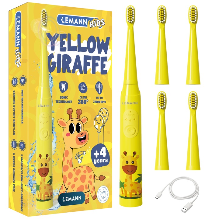 Periuta de dinti sonica electrica pentru Copii, Lemann Yellow Giraffe, 31.000 vibratii pe minut, 3 moduri de curatare, timer 2 minute, autonomie 2 luni, 4 capete incluse