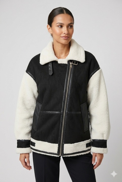 Jachetă oversize din shearling, neagră, mărime unică, material din piele ecologică, croială modernă