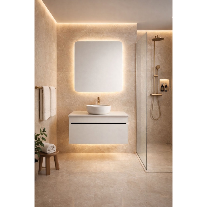 Set mobilier baie, aluminiu, lavoar pe blat 42cm, dulap suspendat 60x52x45cm, oglinda LED 60x75cm cu dezaburire si 3 culori, Alb Mat