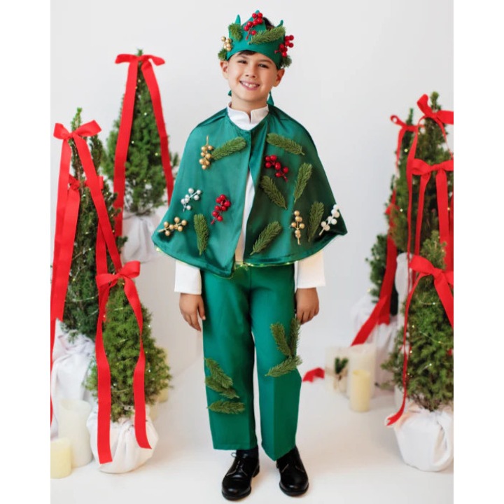 Costum 3 Piese, Verde, Brad, pantaloni + pelerina + coroana - 5-6 ani (110-116 cm)