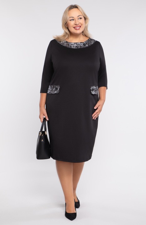 Черна рокля MDR24 със сребристо деколте, 3/4 ръкави, размер 60 EU