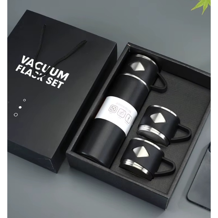 Set termos 500ml, 22.5 x 6.6 cm, cu 3 piese inox, Rapid Shop Online, Negru